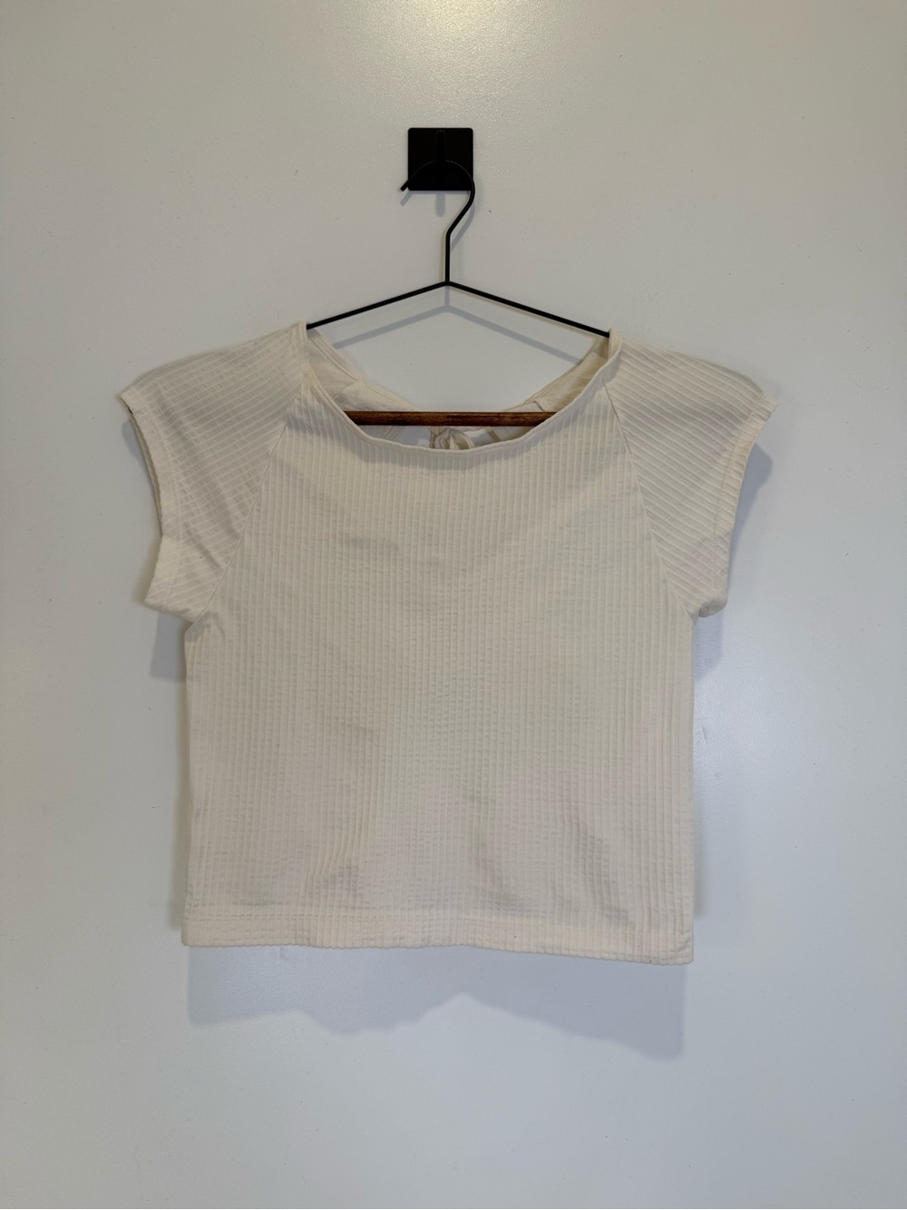 Anthropologie Cream Ribbed Stretchy Crop Top Short Sleeve Tee Loungewear